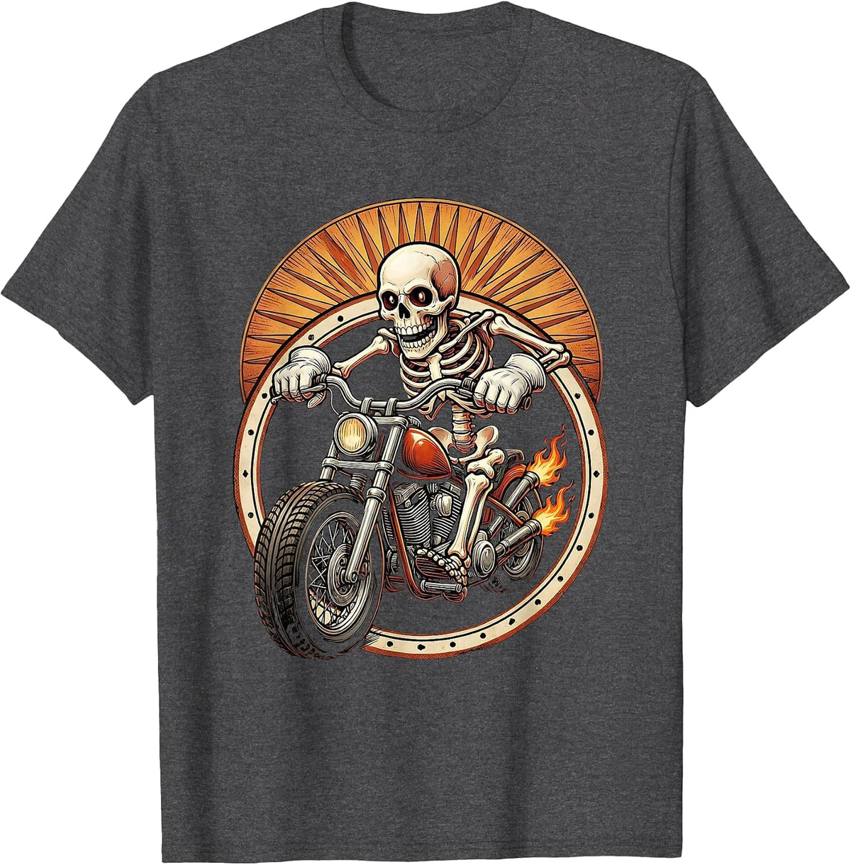 Men's Skeleton Chopper Motorcycle Sunset Rider T-Shirt - Dark Heather Grey