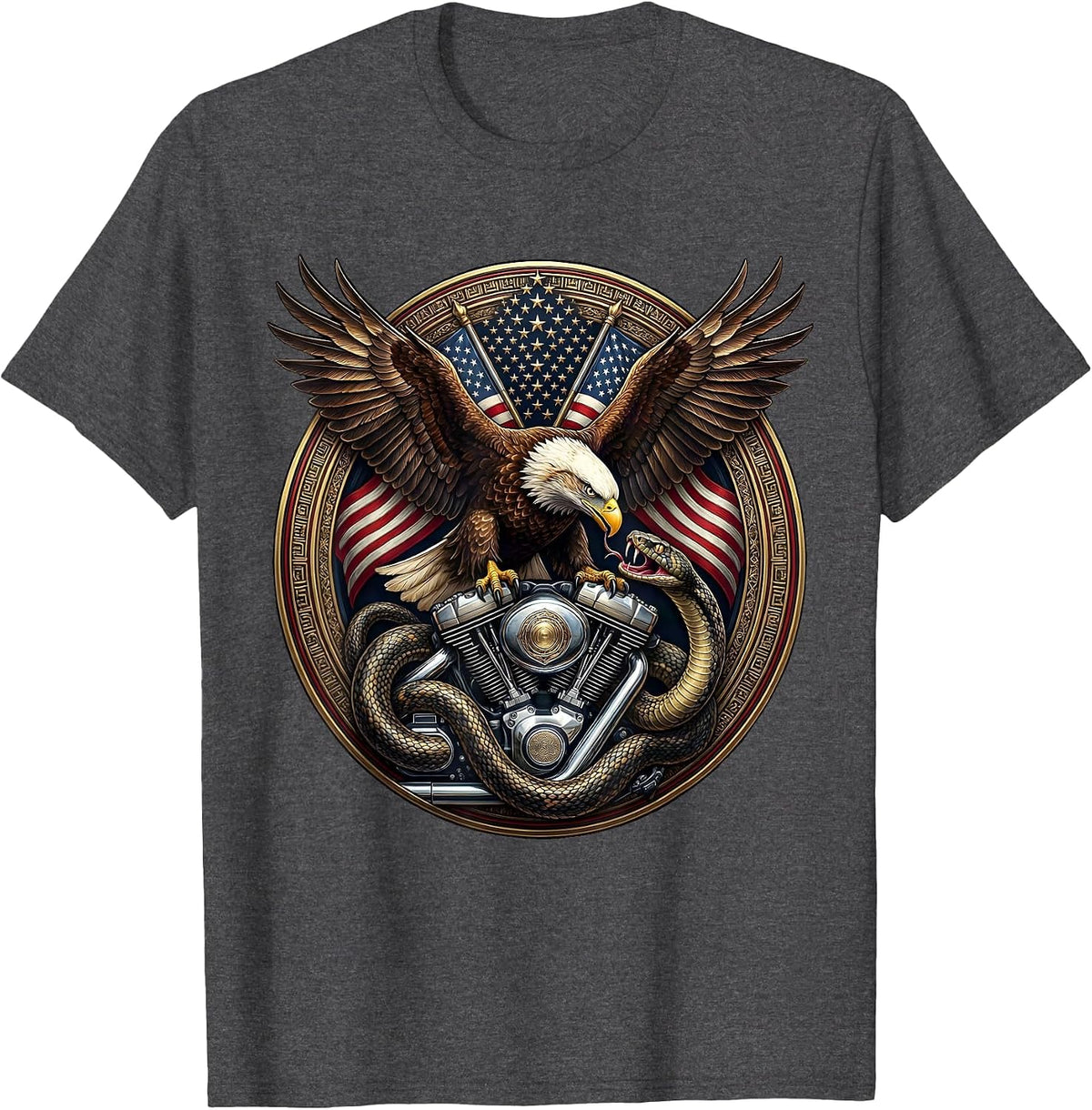 Serpent Coiled Motorcycle Engine Biker Design T-Shirt - Dark Heather Grey