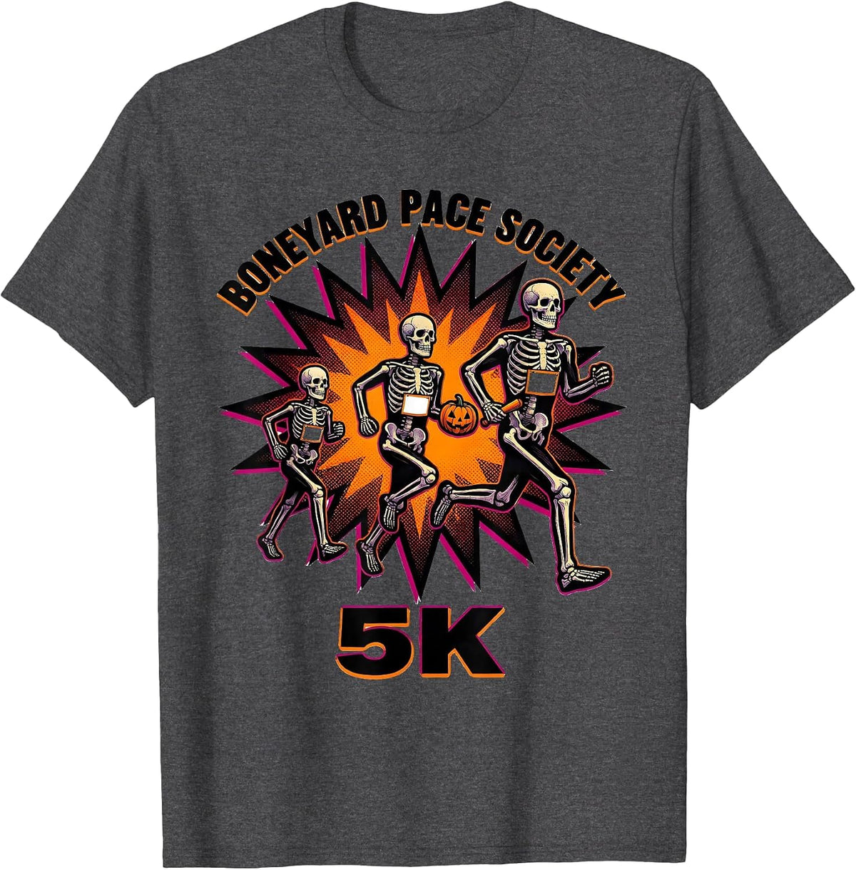 Men's Boneyard Pace Society 5K Funny Halloween Skeleton Runner T-Shirt - Dark Heather Grey