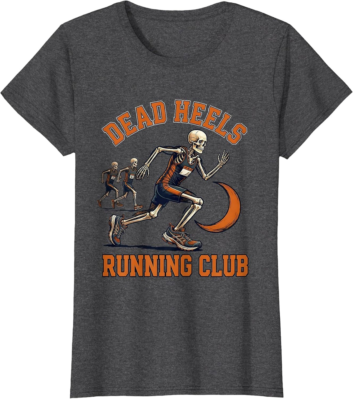 Women's Dead Heels Running Club Funny Skeleton Halloween Runner T-Shirt - Dark Heather Grey