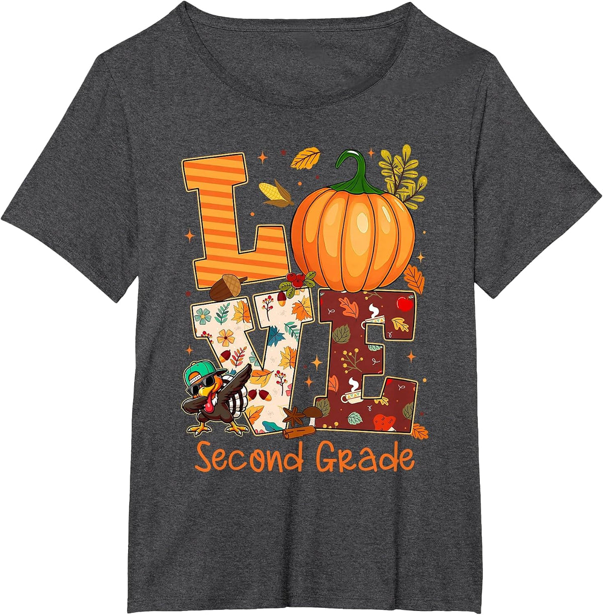 Love Second Grade Teacher Turkey Thanksgiving Autumn Fall T-Shirt - Dark Heather Grey