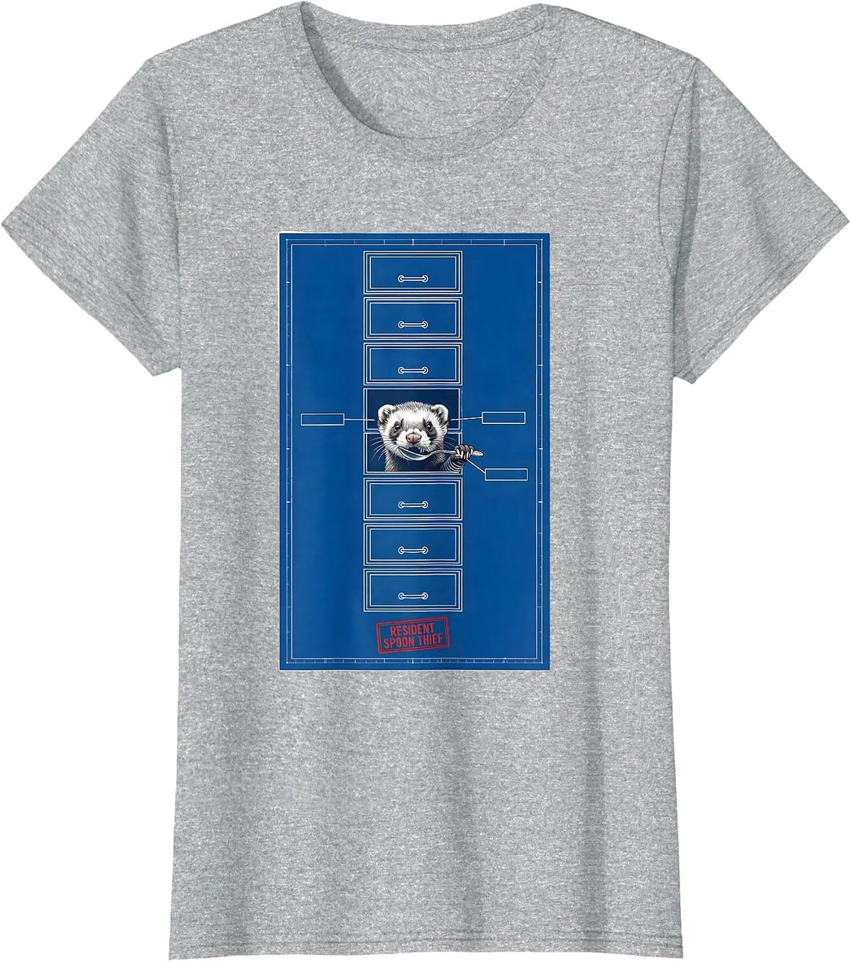 Resident Spoon Thief Technical Blueprint Ferret Lover Humor T-Shirt - Heather Grey