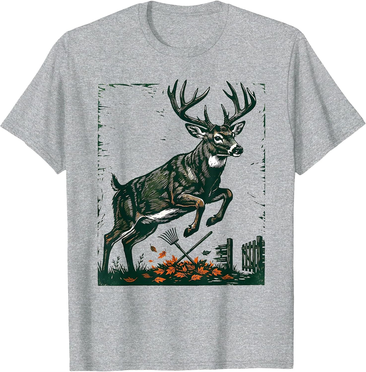 Men's Leaping Buck Silhouette Linocut Hunting Dad Gift T-Shirt - Heather Grey