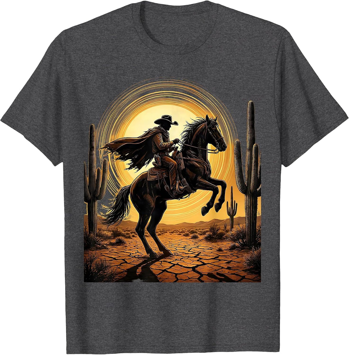 Cowboy Silhouette Desert Sun Western Graphic T-Shirt - Dark Heather Grey