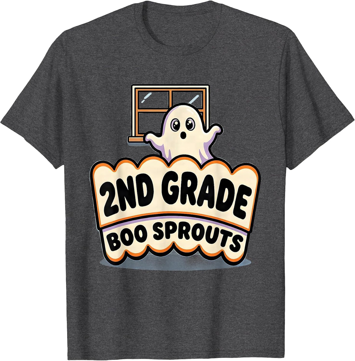2nd Grade Boo Sprouts Cartoon Ghost Halloween Teacher T-Shirt - Dark Heather Grey