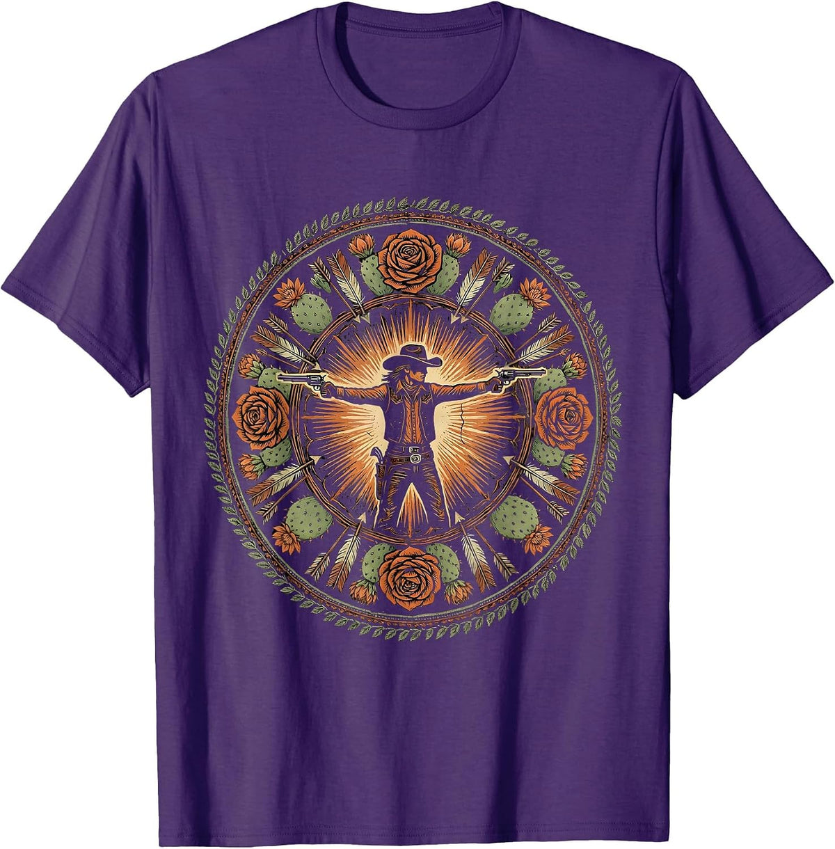 Cowgirl Desert Standoff Drawing Pistol Graphic T-Shirt - Purple