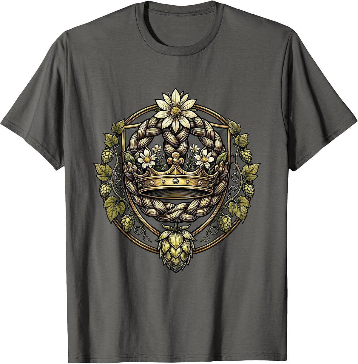 Oktoberfest Wildflower and Hops Braided Hair Design T-Shirt - Asphalt Grey