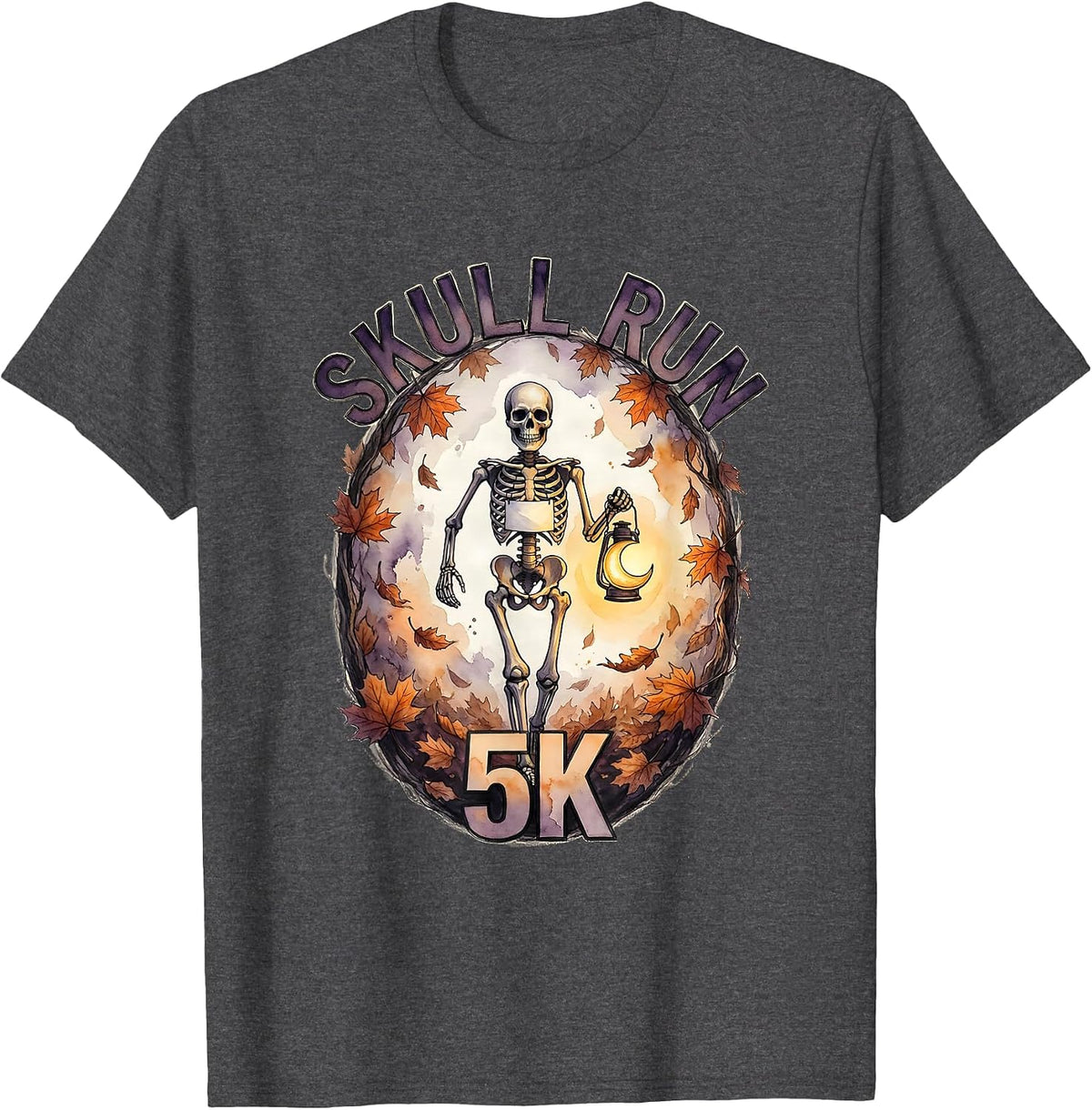 Skull Run 5K Watercolor Skeleton Runner Halloween Fun Run T-Shirt - Dark Heather Grey