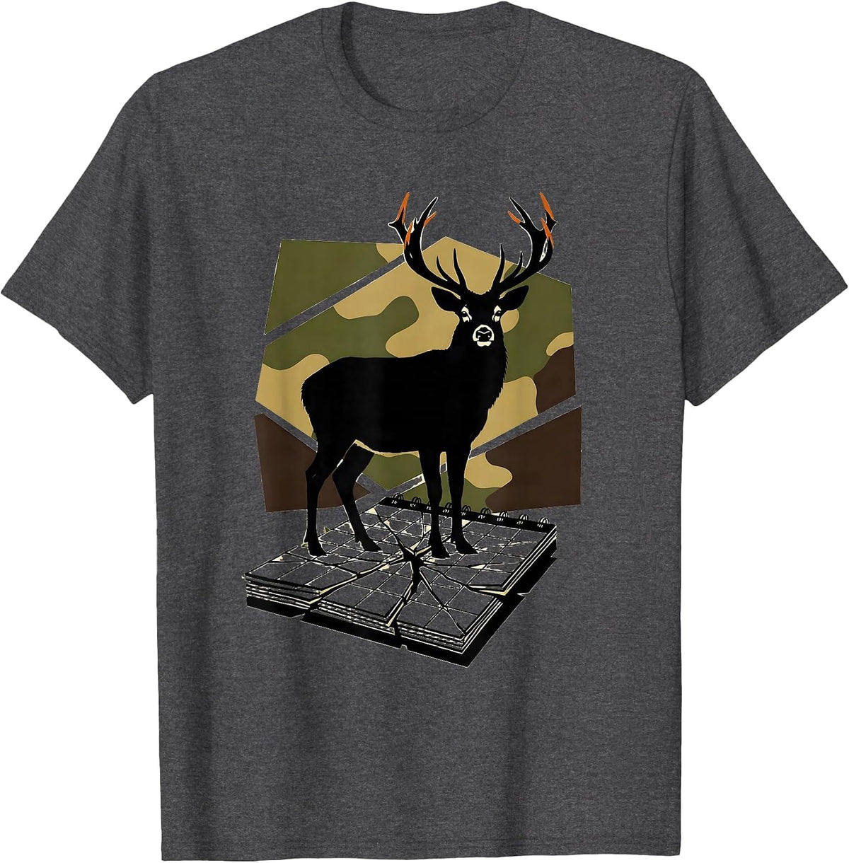 Buck Silhouette Camo Deer Hunting Humor Gift T-Shirt - Dark Heather Grey