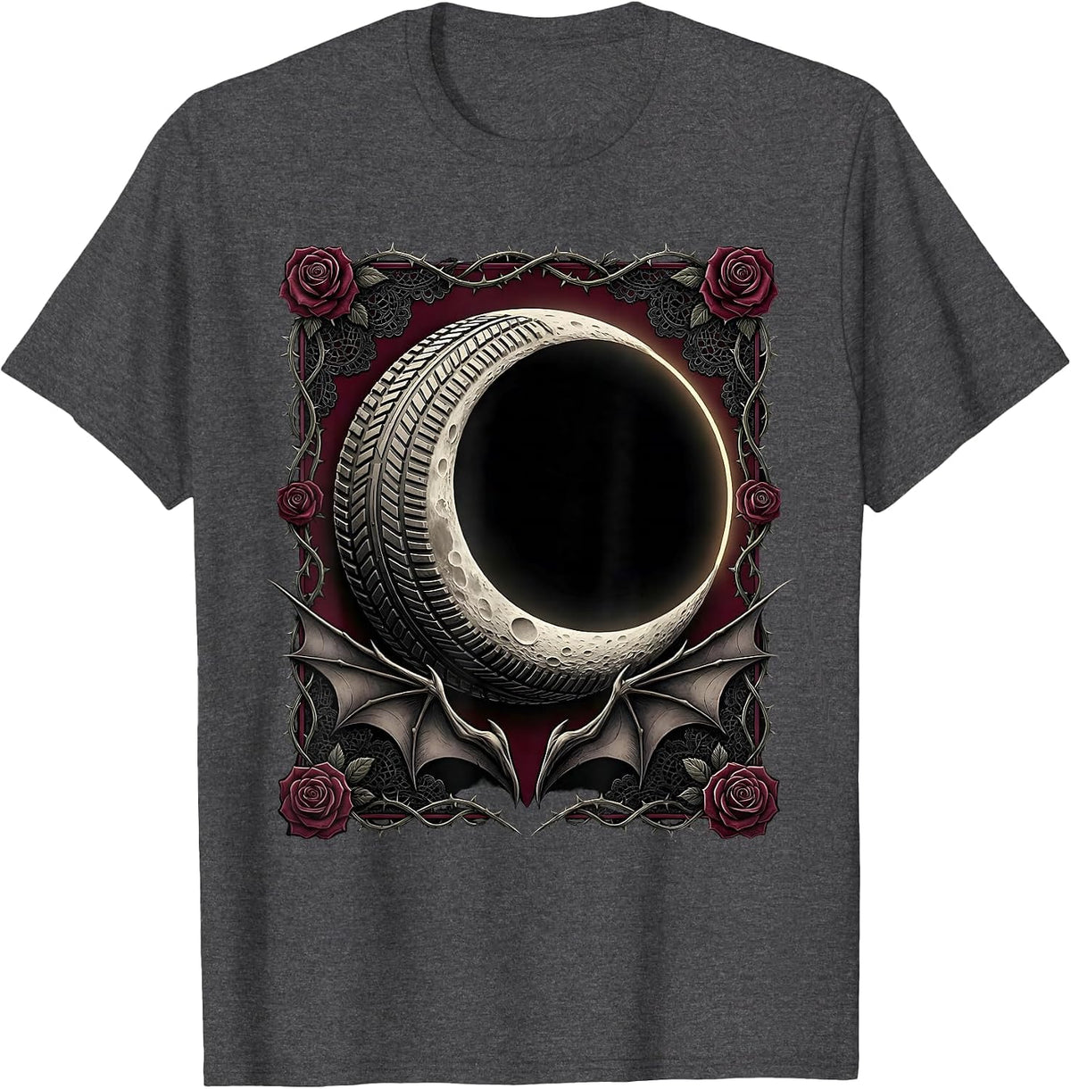 Men's Crescent Moon Motorcycle Tire Tread Biker Design T-Shirt - Dark Heather Grey