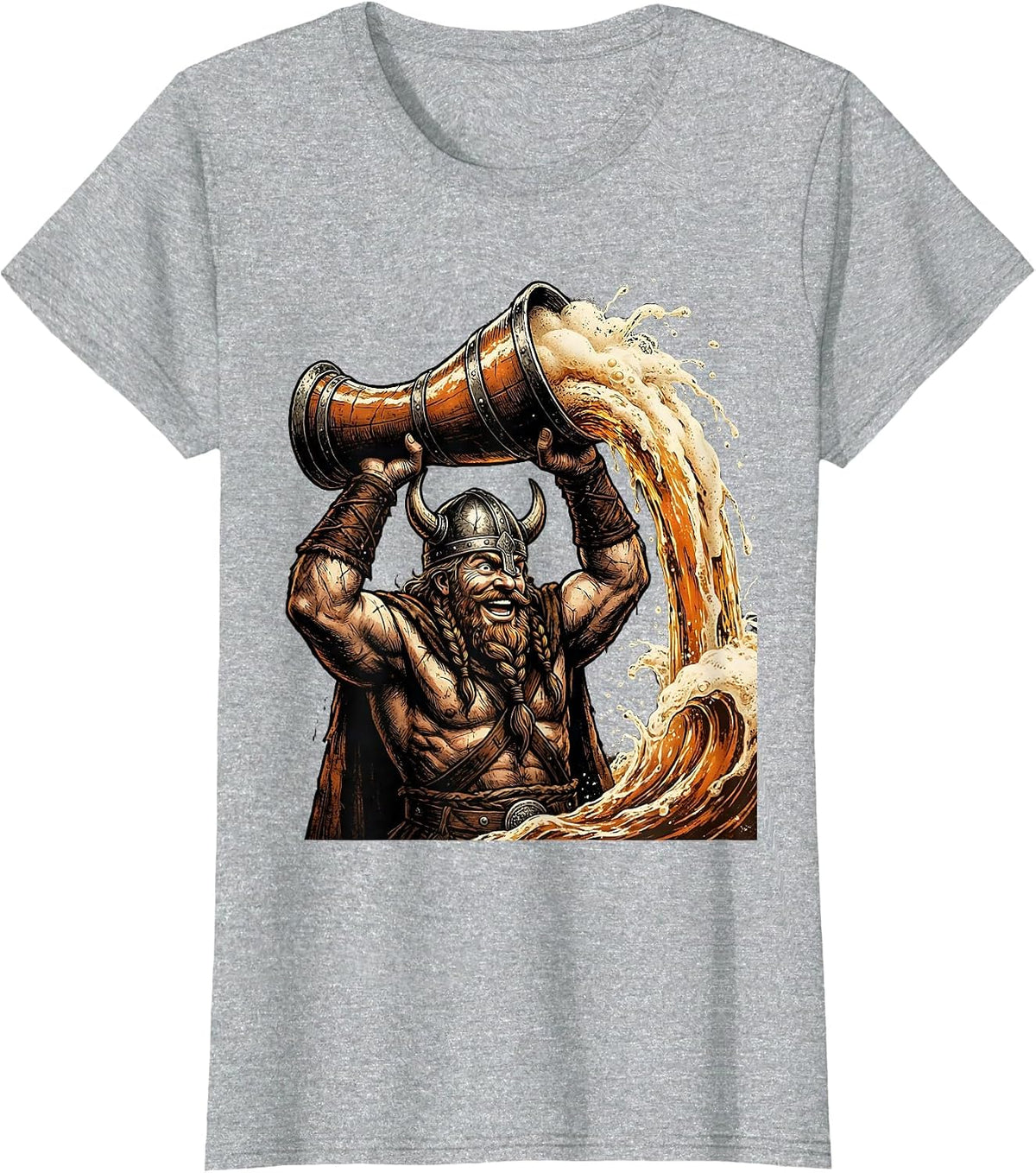 Women's Viking Ale Horn Funny Drinking Graphic Design T-Shirt - Heather Grey