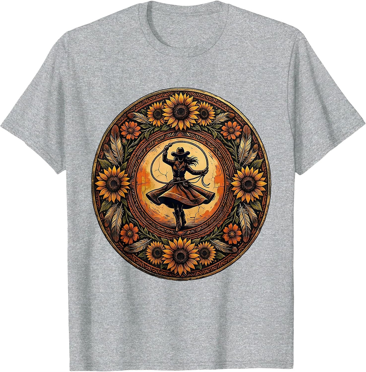Men's White Cowgirl Twirling Lasso at Sunset T-Shirt - Heather Grey