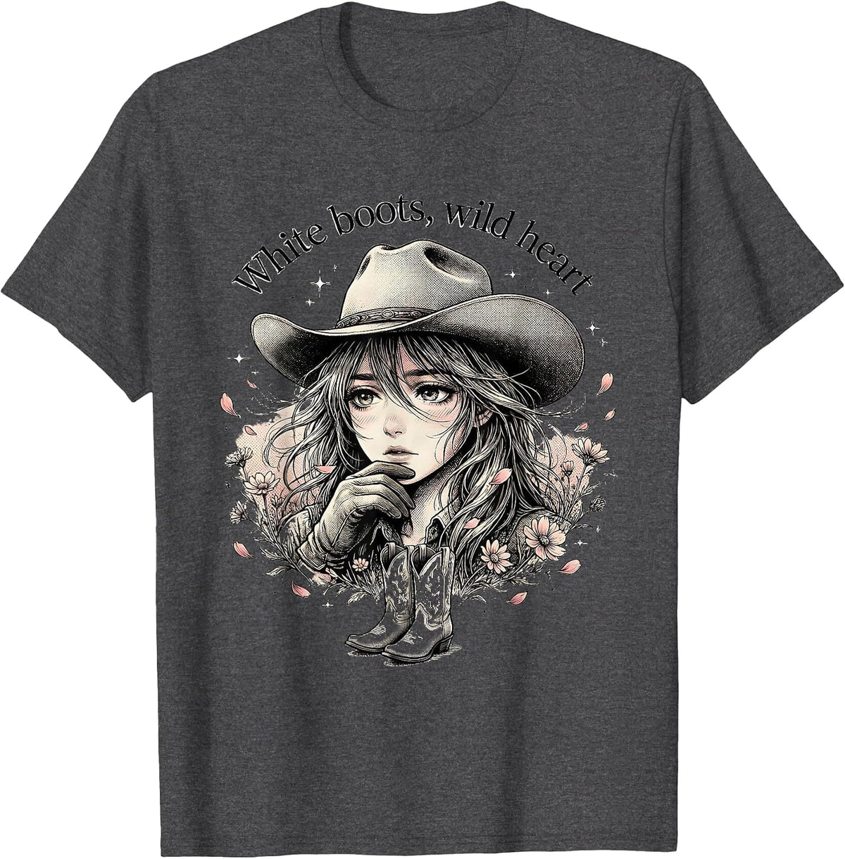 Men's White Boots Wild Heart Cowgirl Design T-Shirt - Dark Heather Grey