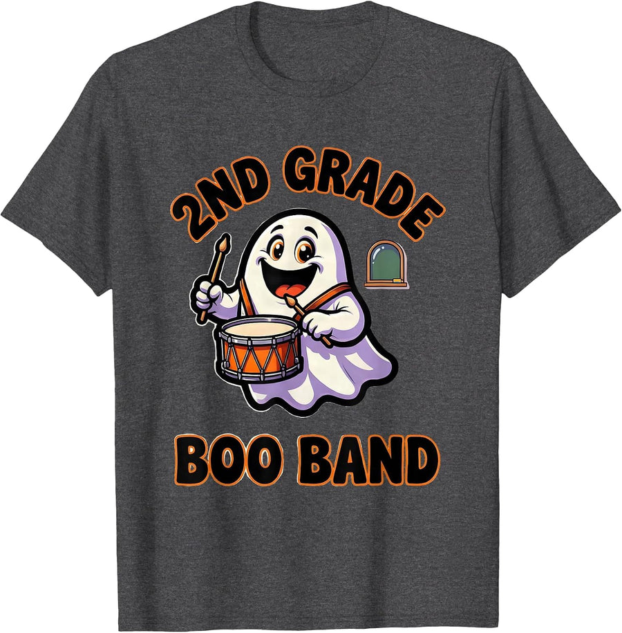 Men's 2nd Grade Boo Band Cute Cartoon Halloween Teacher Student T-Shirt - Dark Heather Grey
