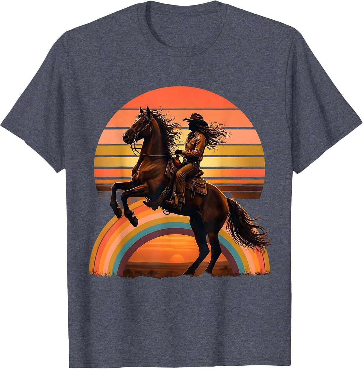 Cowgirl Riding Rearing Stallion Western Art T-Shirt - Heather Blue