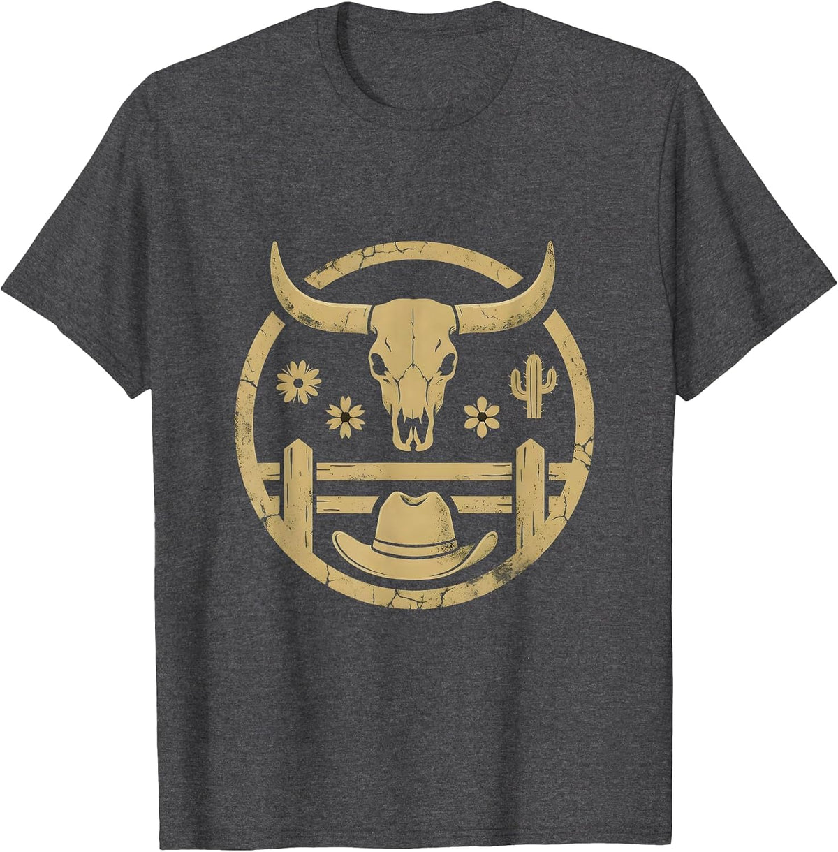 Cowboy at Dusk Leaning on Fence Post T-Shirt - Dark Heather Grey