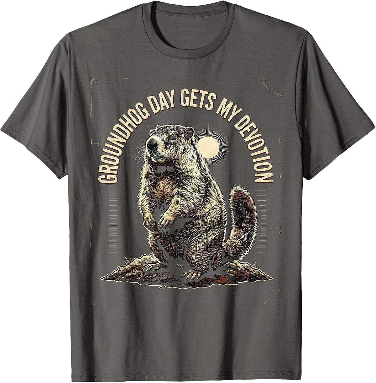 Groundhog Day Gets My Devotion Distressed Funny Vintage T-Shirt - Asphalt Grey