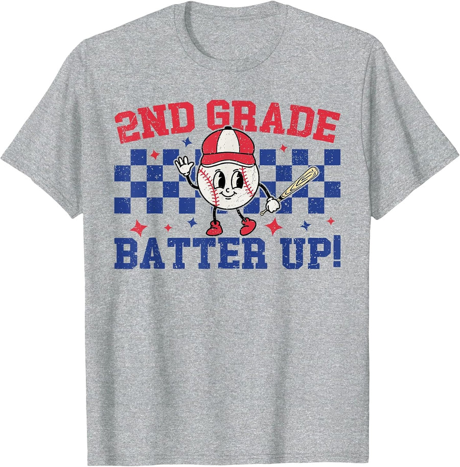 2nd Grade Batter Up Back to School Baseball Teacher Kids T-Shirt - Heather Grey