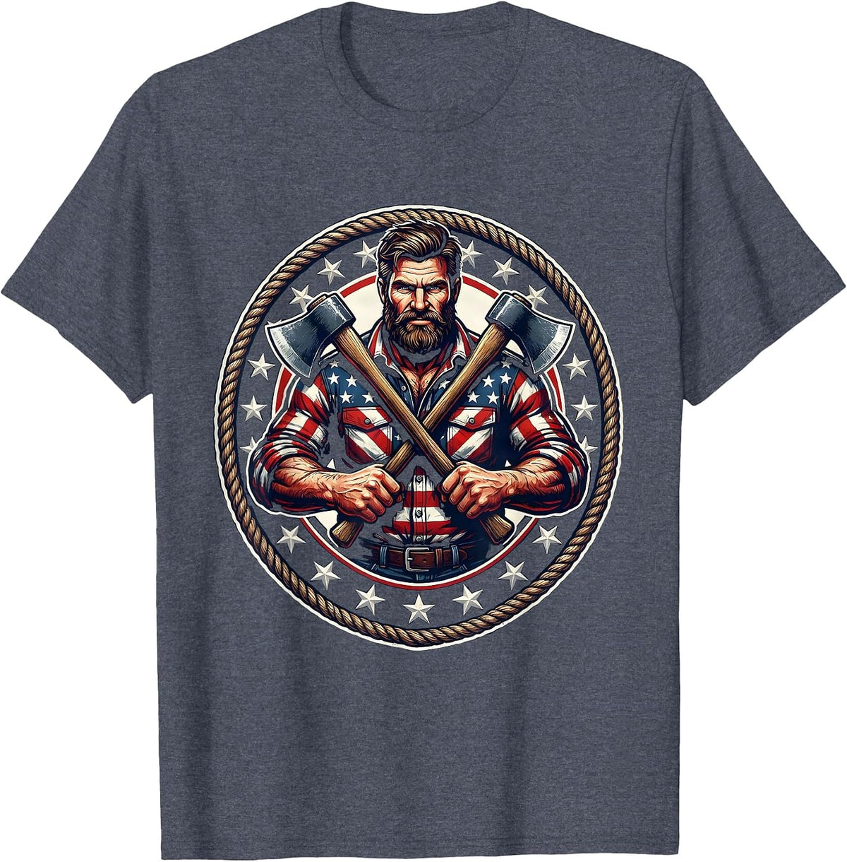 American Flag Lumberjack Axe Flannel Illustration T-Shirt - Heather Blue