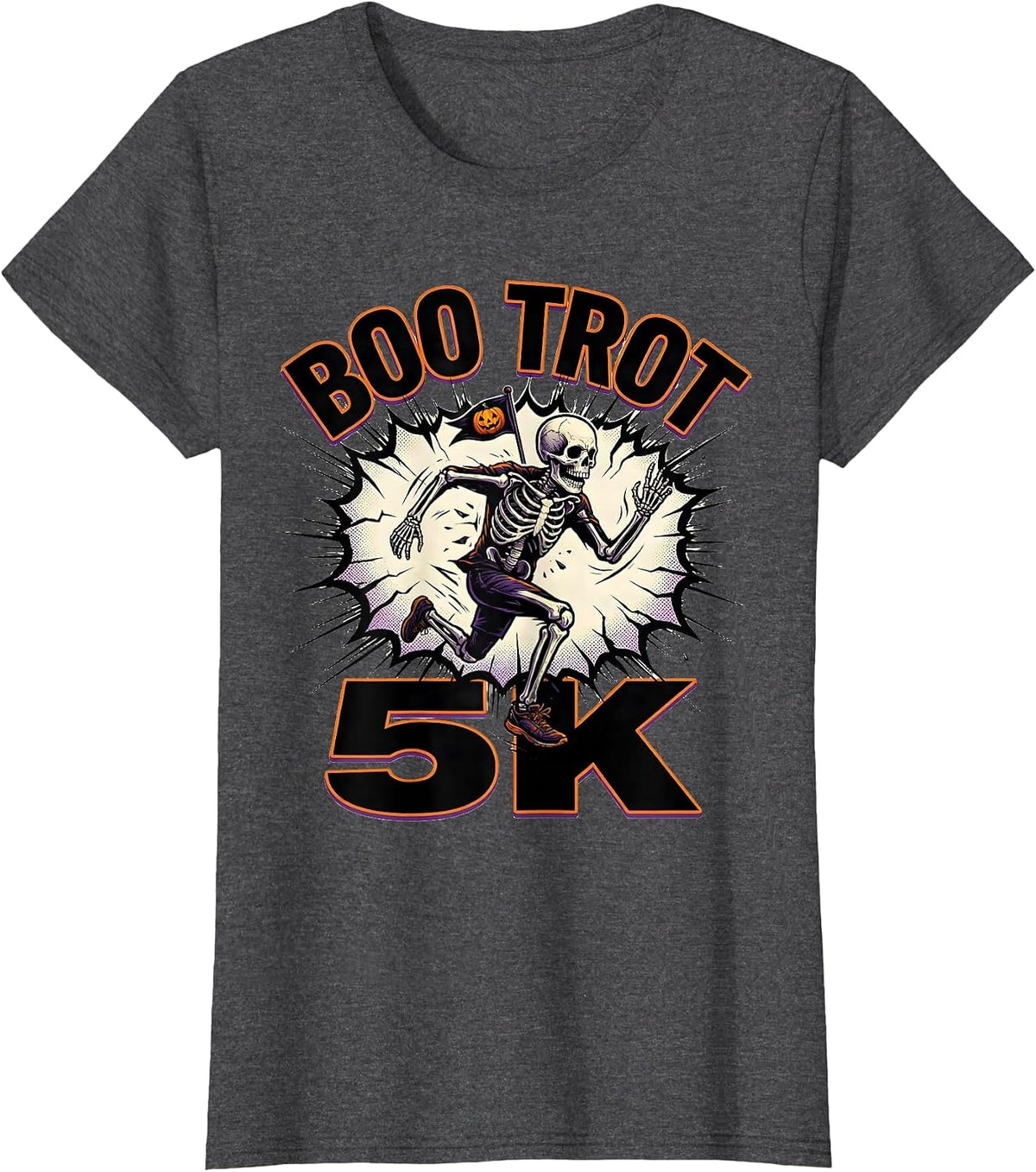 Women's Boo Trot 5K Comic Book Skeleton Runner Halloween Fun Run T-Shirt - Dark Heather Grey