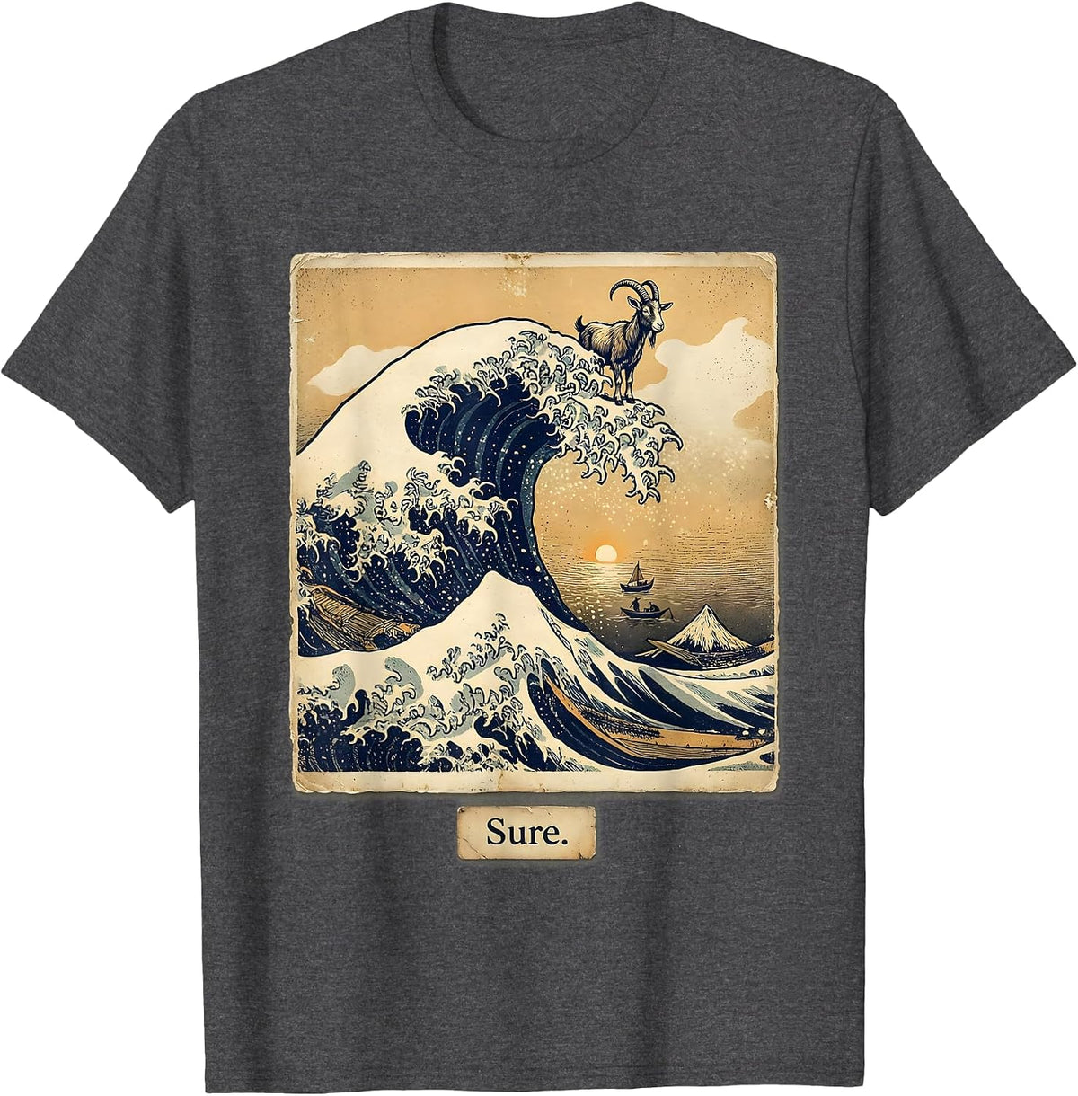 Men's Sure Vintage Japanese Animal Parody Art Great Wave Off T-Shirt - Dark Heather Grey
