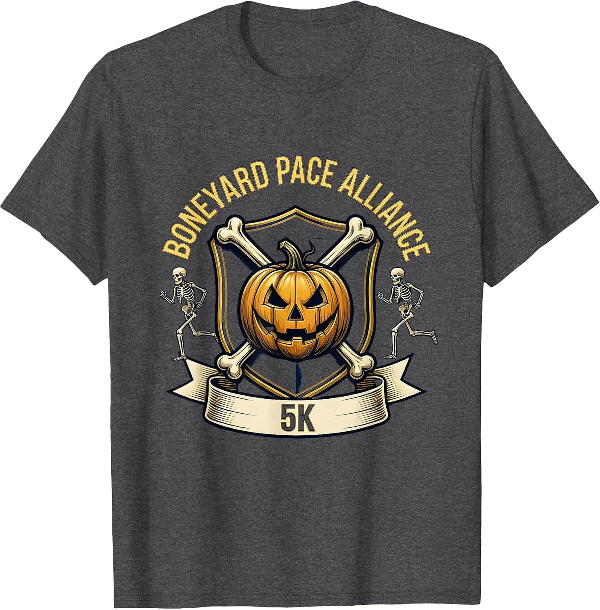 Men's Boneyard Pace Alliance 5K Funny Skeleton Halloween Runner T-Shirt - Dark Heather Grey
