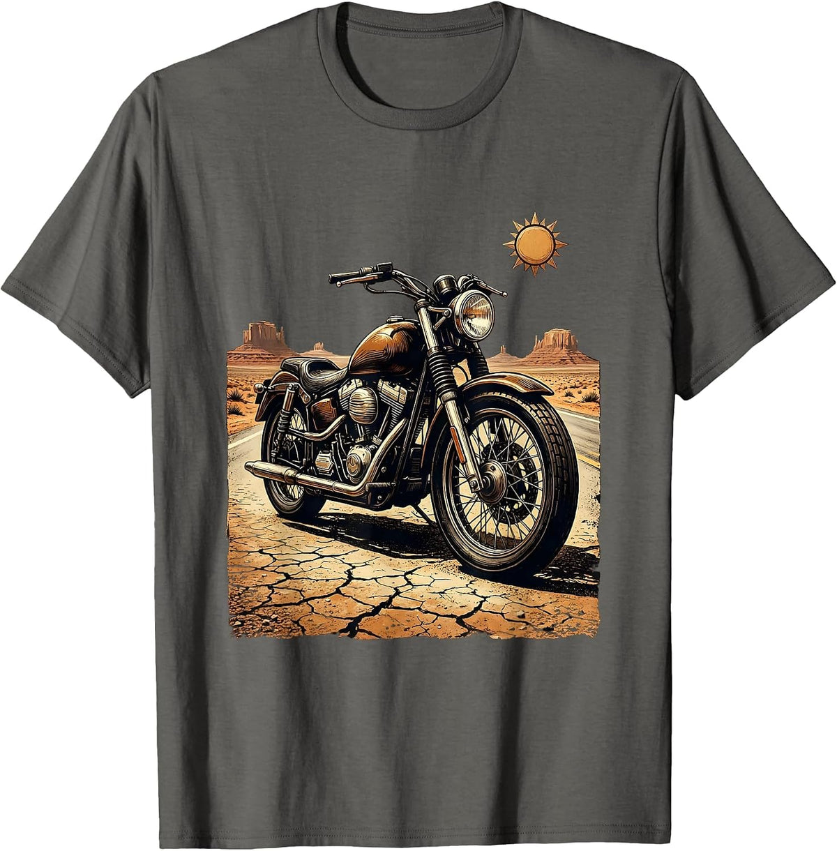 Vintage Motorcycle Desert Road Illustration T-Shirt - Asphalt Grey