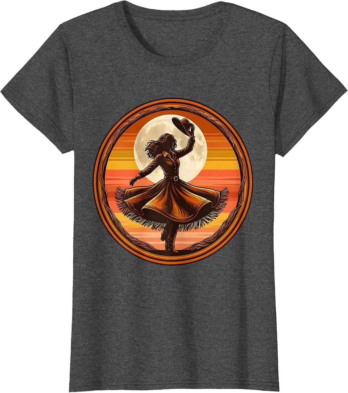 Women's Cowgirl Silhouette Twirling Under Full Moon T-Shirt - Dark Heather Grey