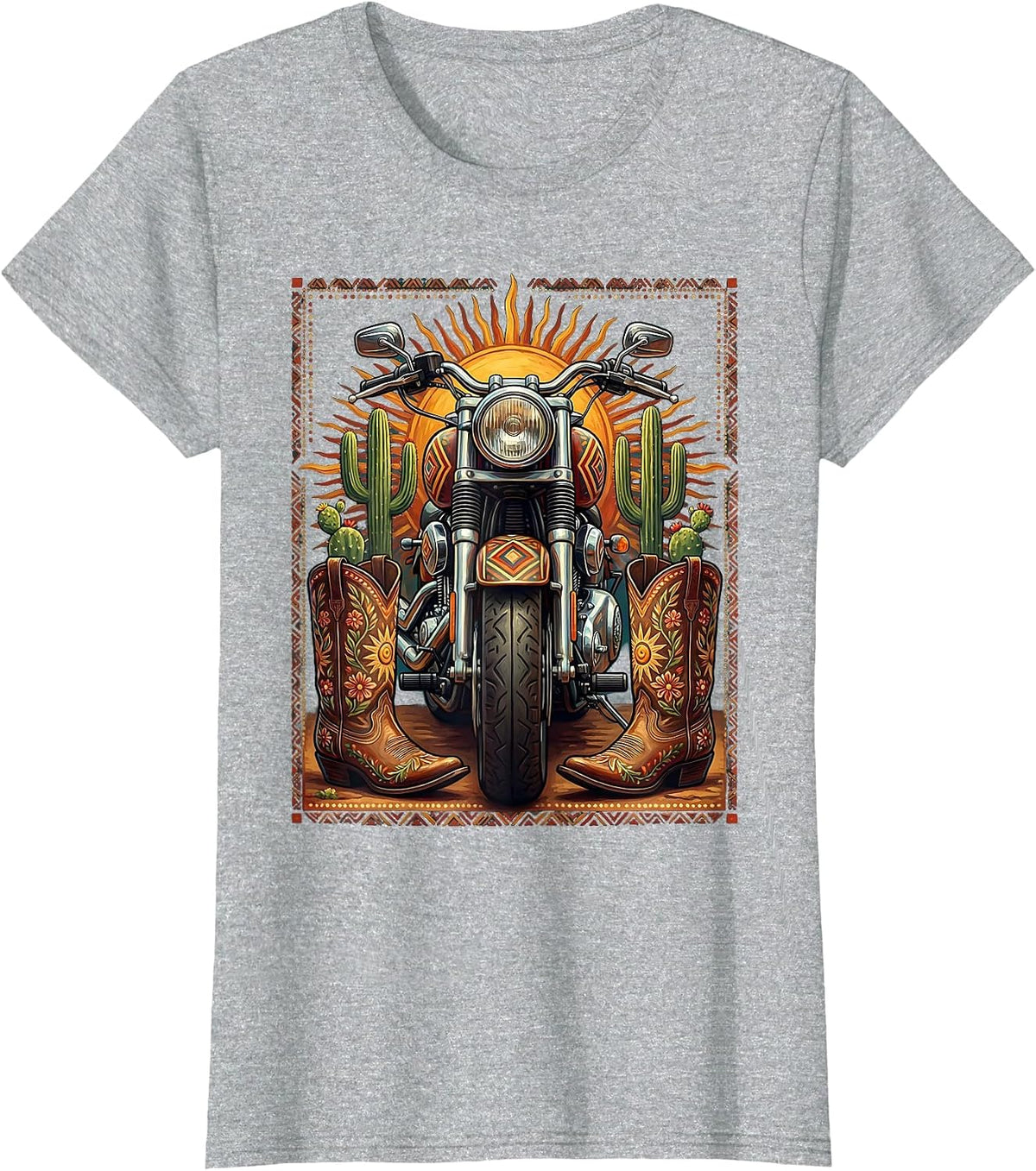Women's Route 66 Cowboy Boots and Motorcycle Graphic T-Shirt - Heather Grey