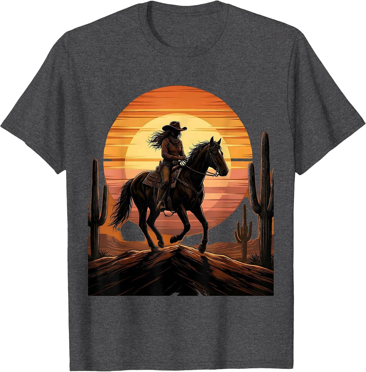 Cowgirl Silhouette Desert Sunset Graphic T-Shirt - Dark Heather Grey