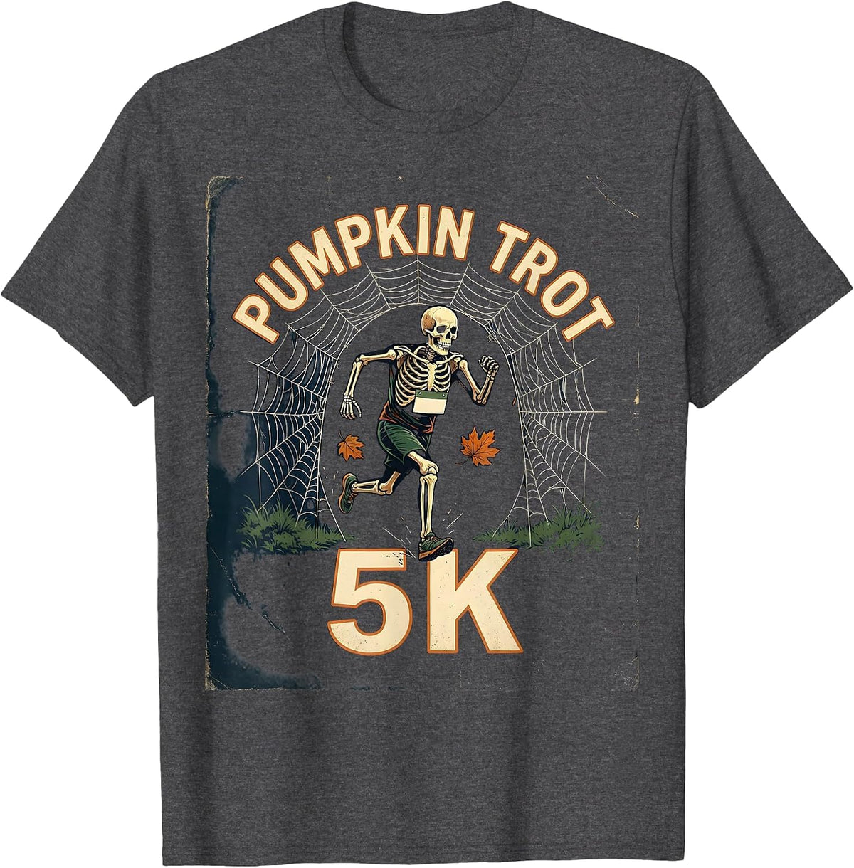 Men's Pumpkin Trot 5K Vintage Skeleton Halloween Fun Run Matching T-Shirt - Dark Heather Grey