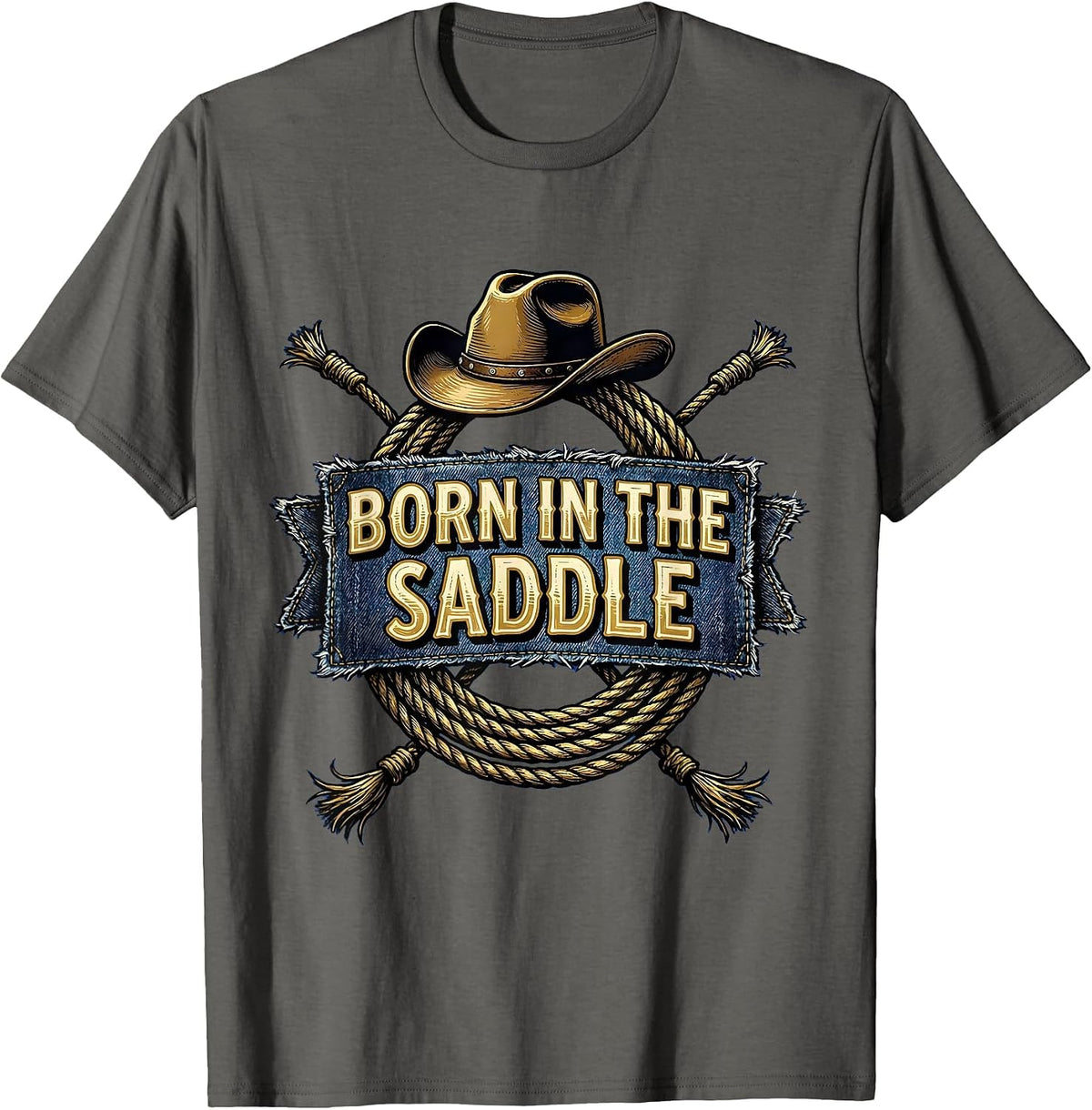 Born in the Saddle Denim Cowgirl Design T-Shirt - Asphalt Grey