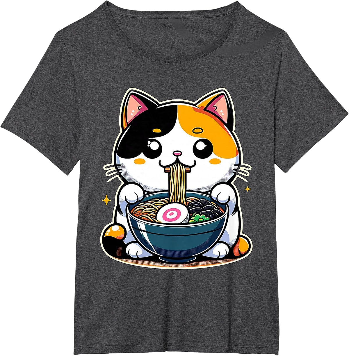 Kawaii Anime Calico Cat Ramen T-Shirt - Dark Heather Grey