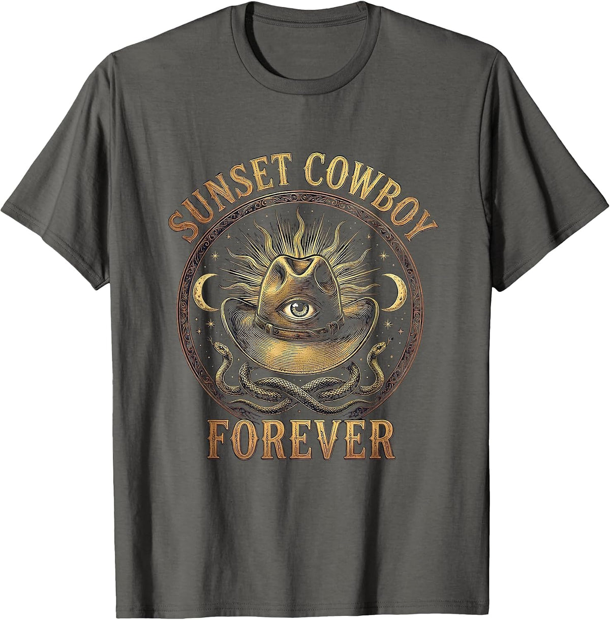 Sunset Cowboy Forever Western Graphic Design T-Shirt - Asphalt Grey