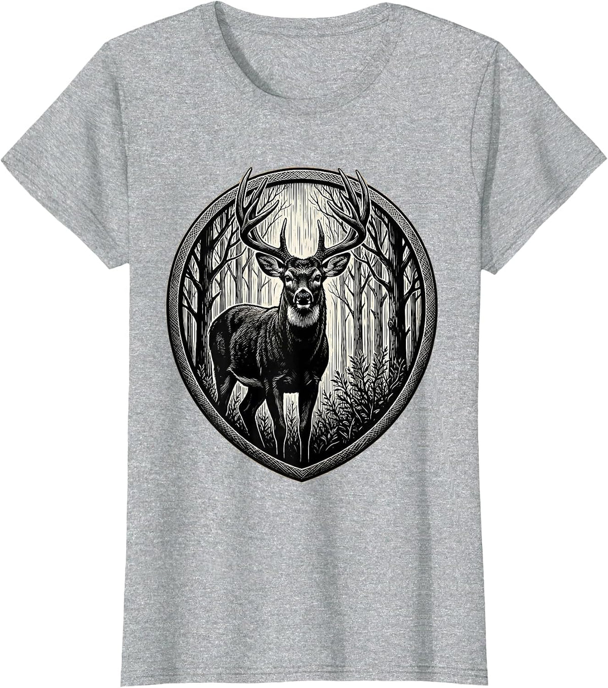 Whitetail Buck Autumn Tree Line Illustration T-Shirt - Heather Grey