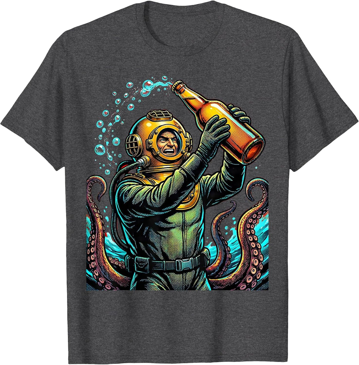Men's Deep Sea Diver Giant Beer Bottle Illustration T-Shirt - Dark Heather Grey