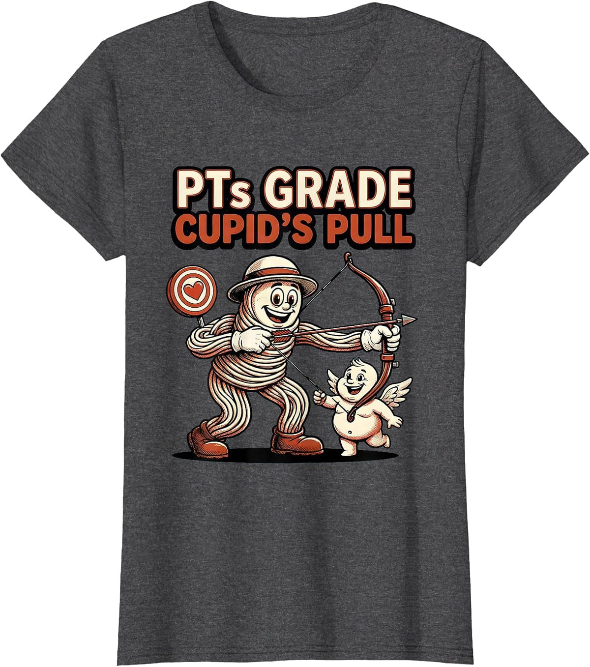 Women's PTs Grade Cupid's Pull Retro Cartoon Physical Therapist T-Shirt - Dark Heather Grey