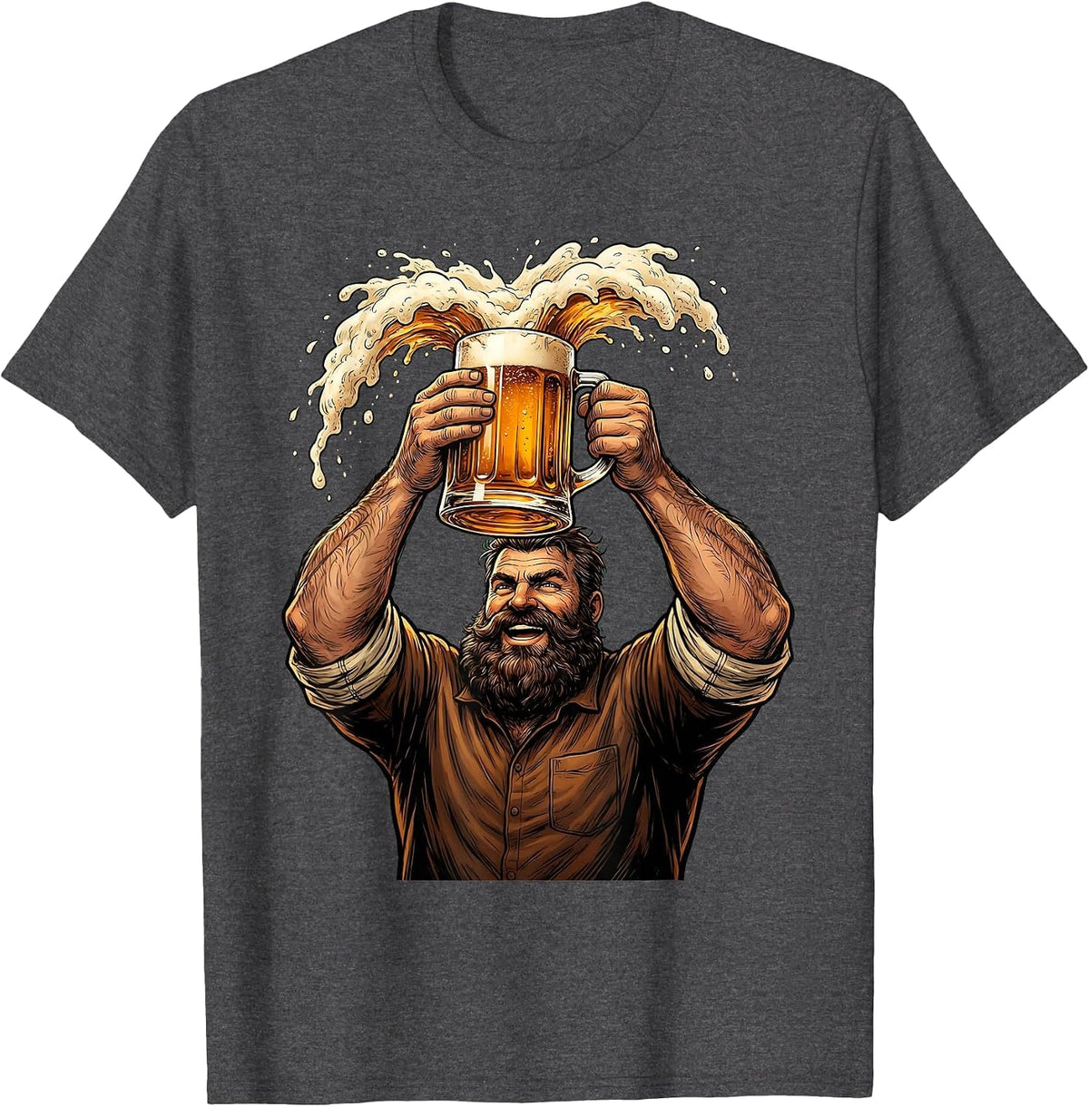 Bearded Beer Lover Raising Frothy Mug Graphic T-Shirt - Dark Heather Grey