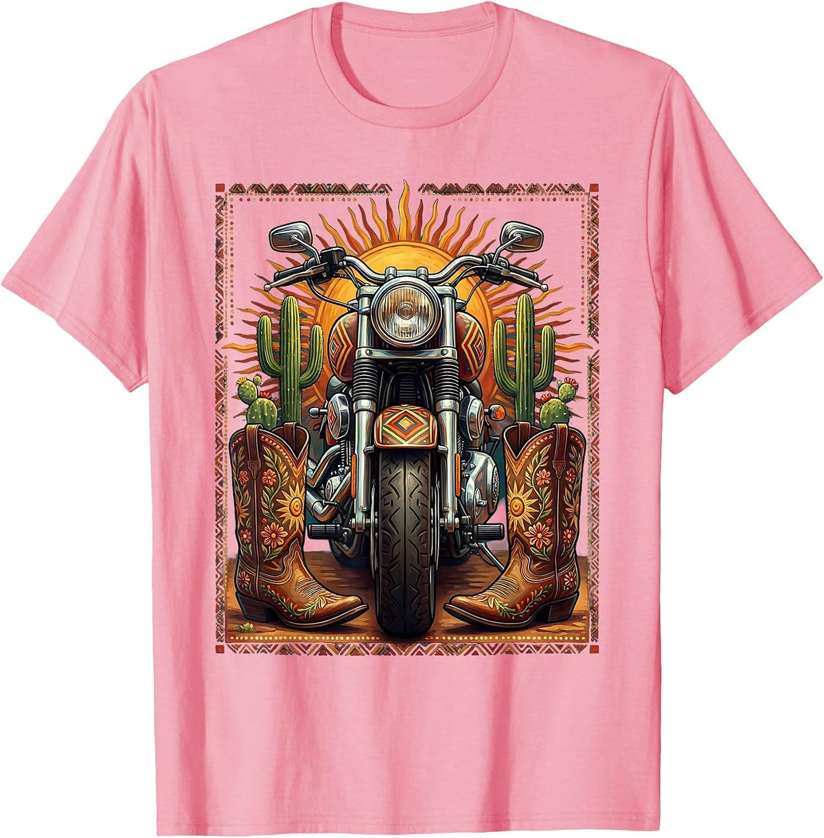 Men's Route 66 Cowboy Boots and Motorcycle Graphic T-Shirt - Pink