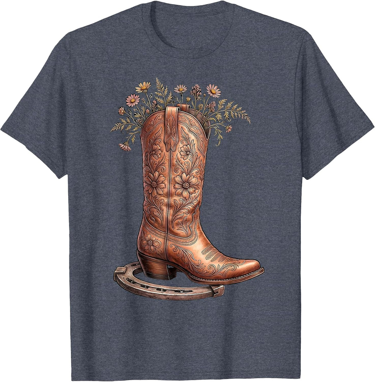 Bold Cowboy Boot Crushing Horseshoe Graphic T-Shirt - Heather Blue