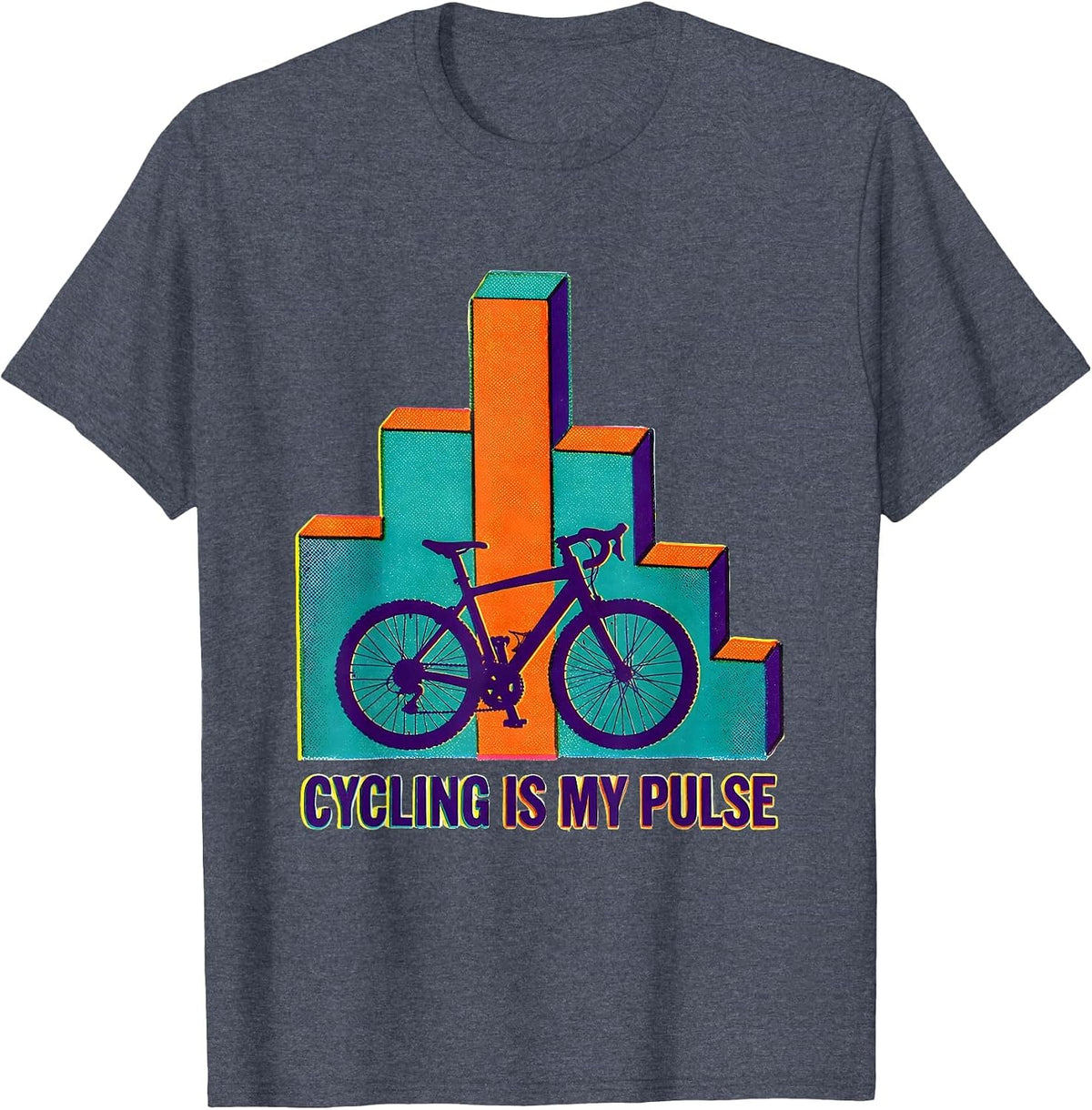 Cycling Is My Pulse Risograph Hobbyist Heartbeat Graphic T-Shirt - Heather Blue