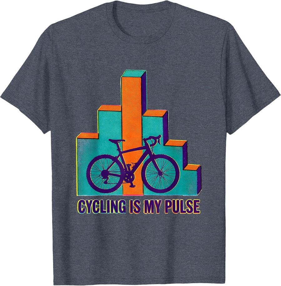 Cycling Is My Pulse Risograph Hobbyist Heartbeat Graphic T-Shirt - Heather Blue