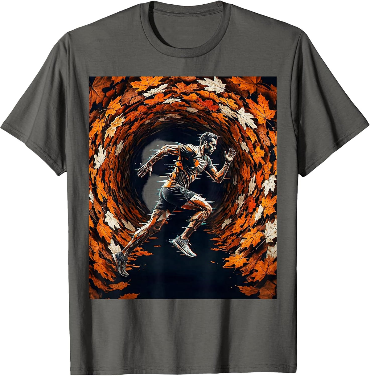 Runner Silhouette Autumn Leaf Tunnel Graphic T-Shirt - Asphalt Grey
