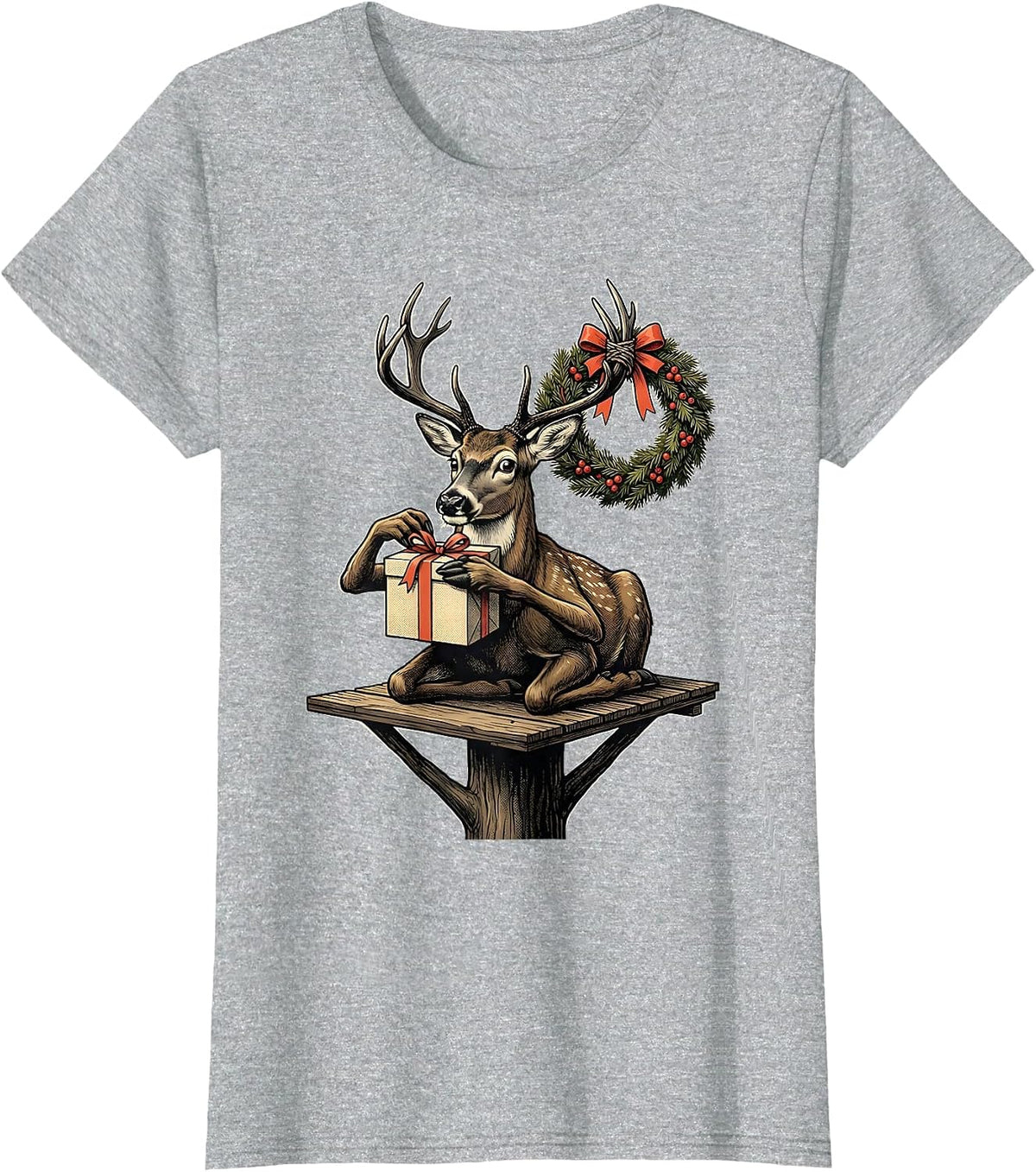Women's Deer Hunter Gift Midcentury Modern Christmas T-Shirt - Heather Grey