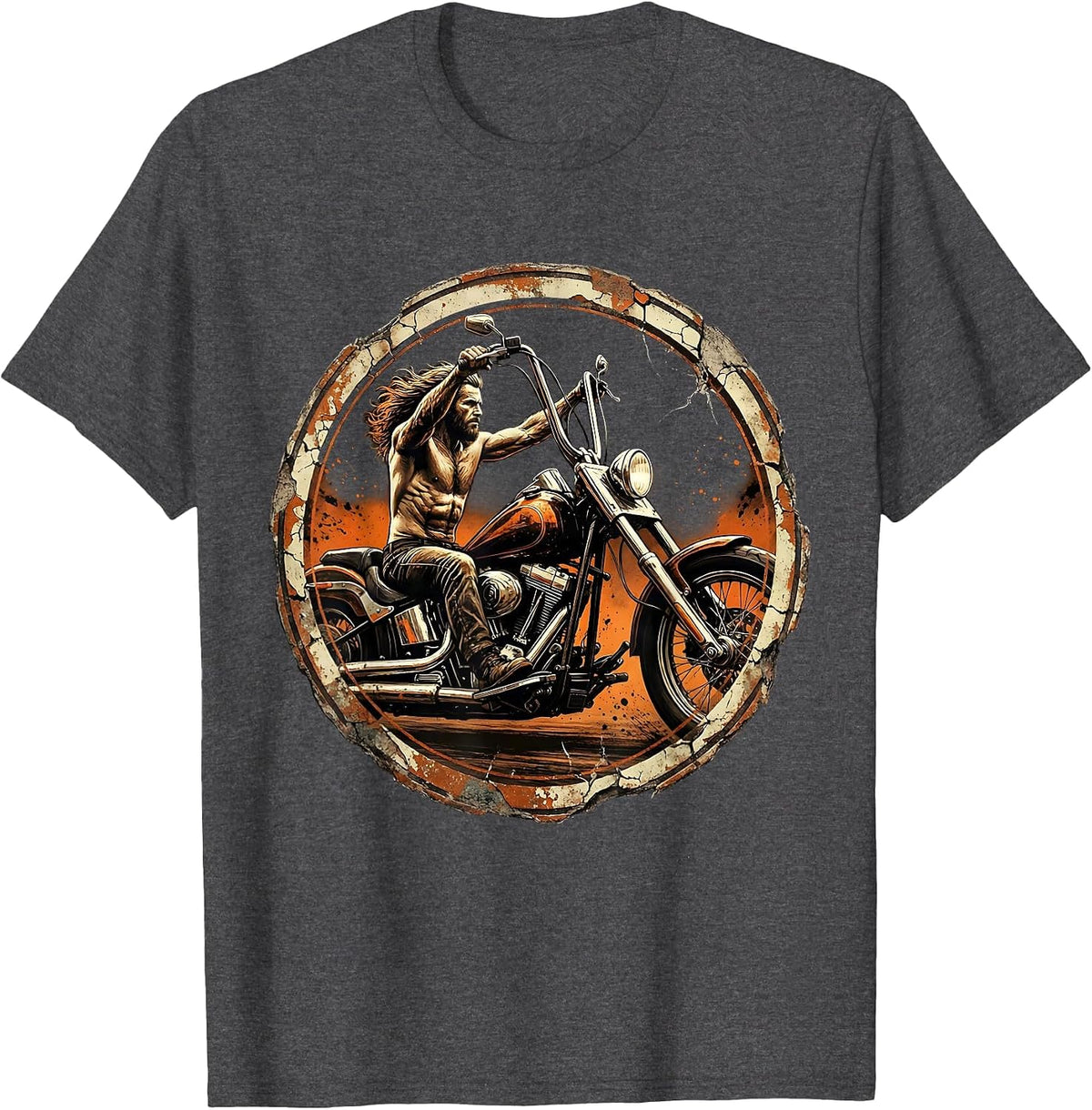 70s Shirtless Biker Chopper Motorcycle Illustration T-Shirt - Dark Heather Grey