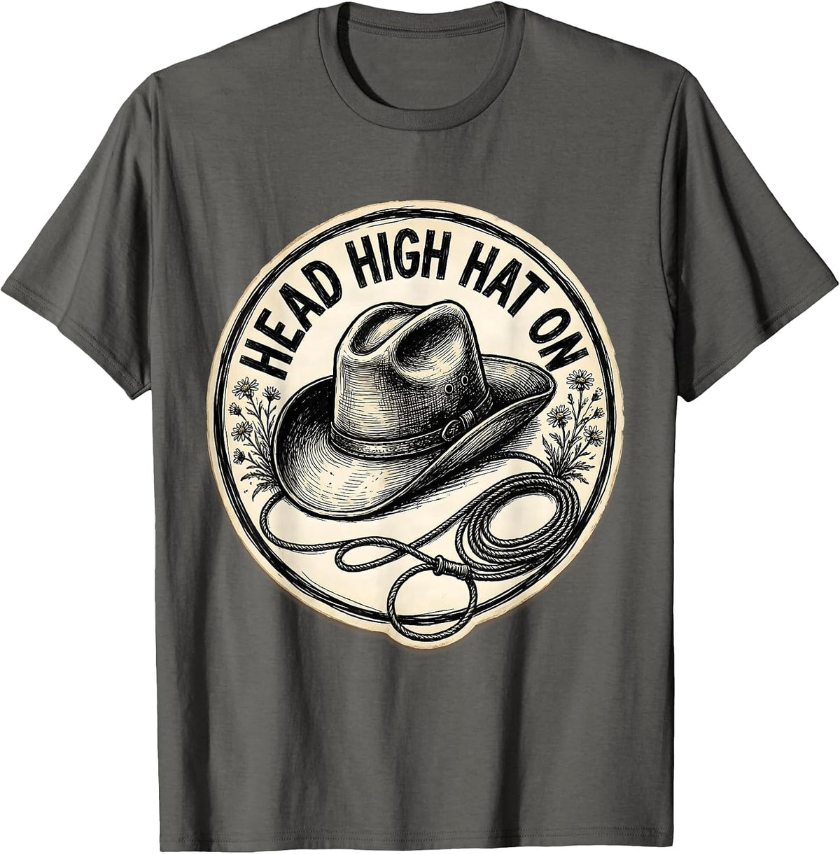 Head High Hat On Cowgirl Western Design T-Shirt - Asphalt Grey