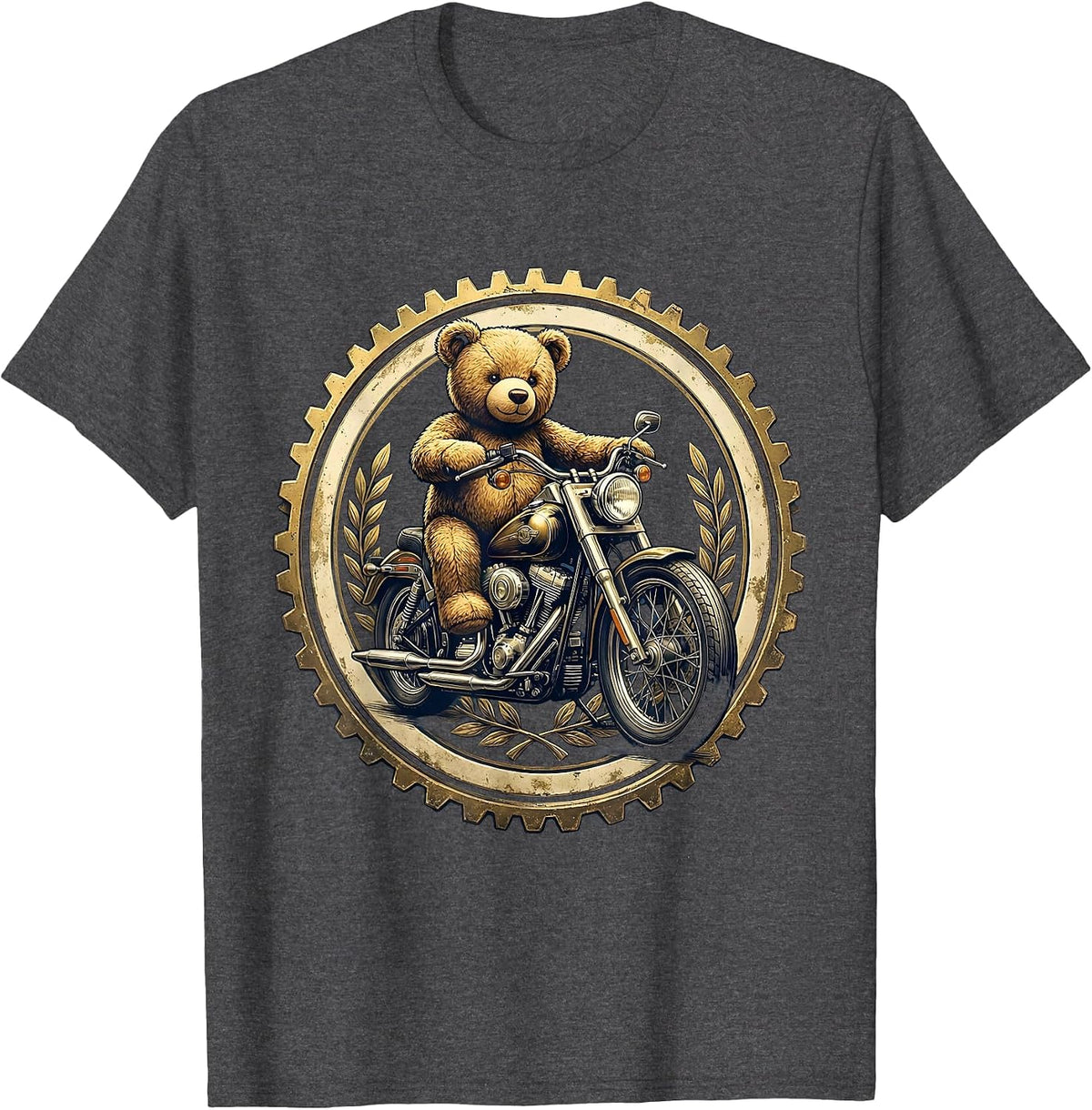 Teddy Bear Riding Vintage Motorcycle Graphic Tee T-Shirt - Dark Heather Grey