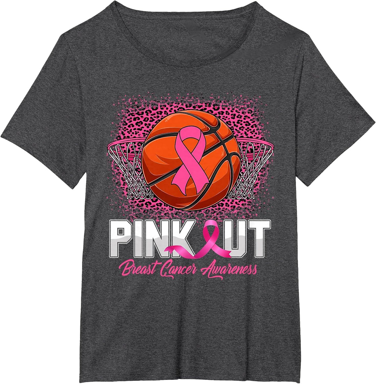 Pink Out Breast Cancer Awareness Basketball Leopard Bleached T-Shirt - Dark Heather Grey