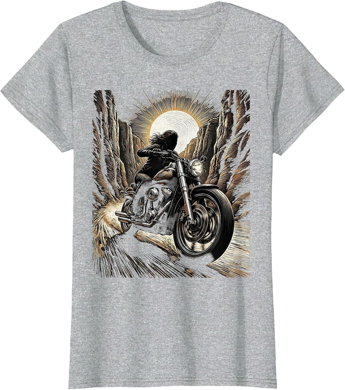 Motorcycle Canyon Sunset Rider Graphic Tee T-Shirt - Heather Grey
