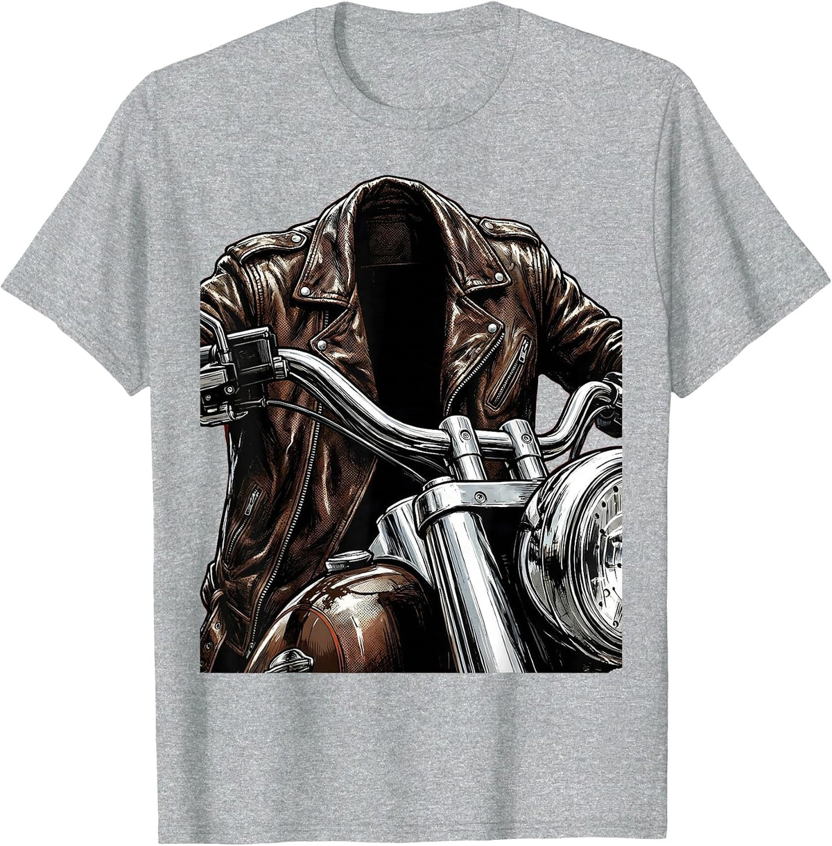 Men's Retro Motorcycle Leather Jacket Graphic Tee T-Shirt - Heather Grey